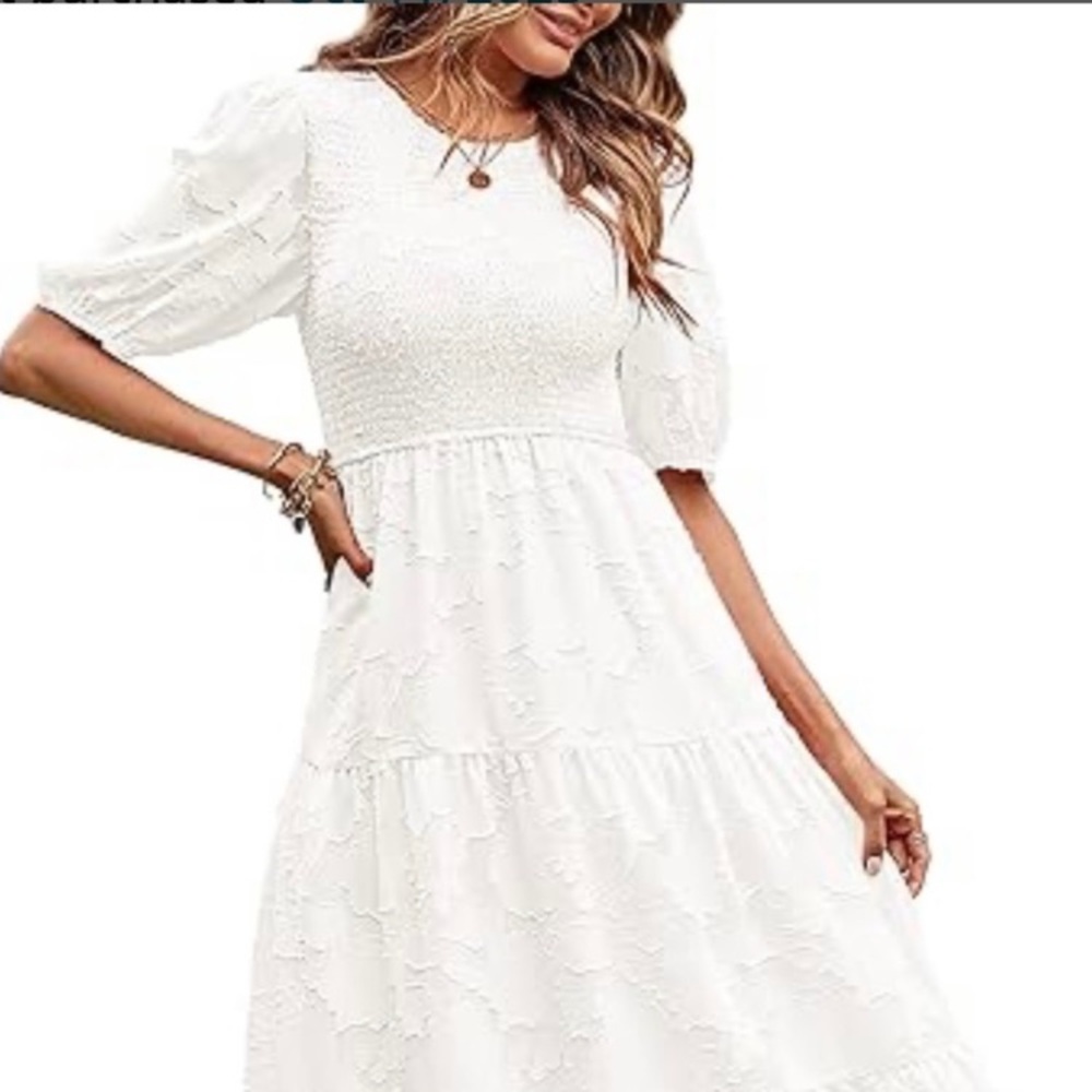Women’s White Tiered Midi Dress with Puff Sleeves